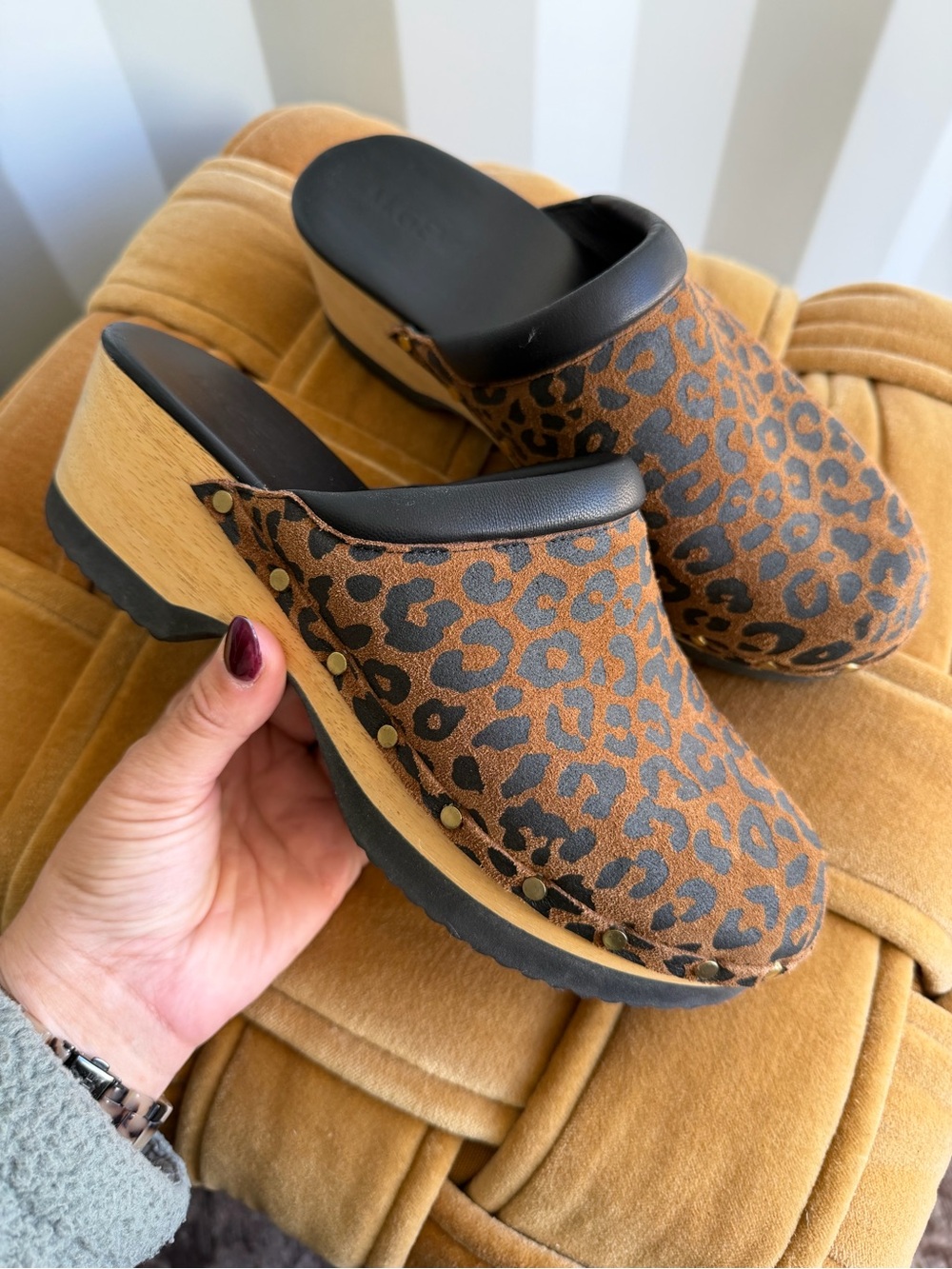 M.Gemi Leopard Suede Studded Wood Clog Mules Size 38.5 Made in Italy